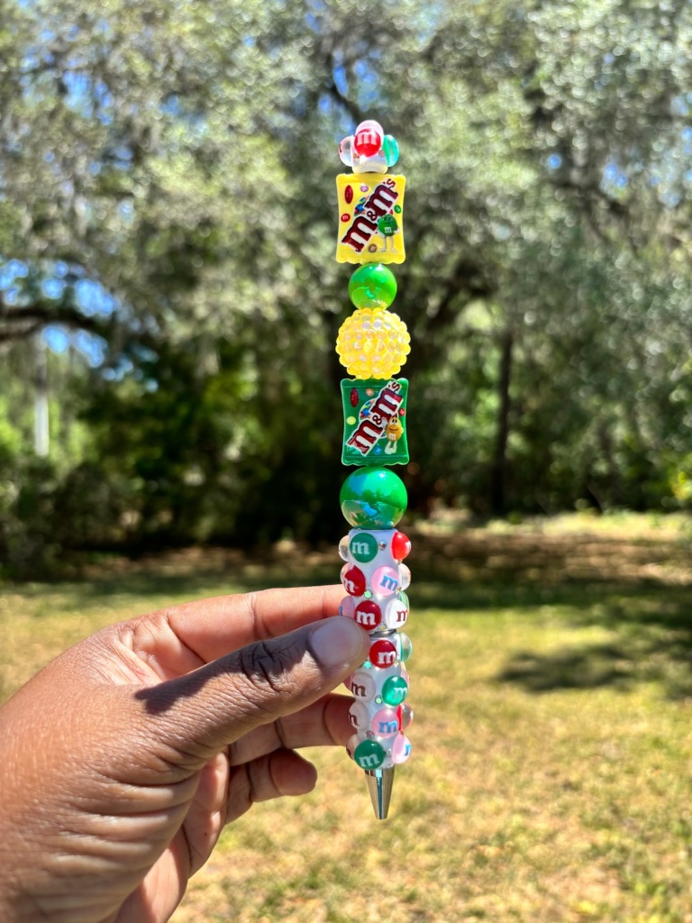 Handcrafted M&M'S Beaded Green, Yellow & Red Decorative Pen